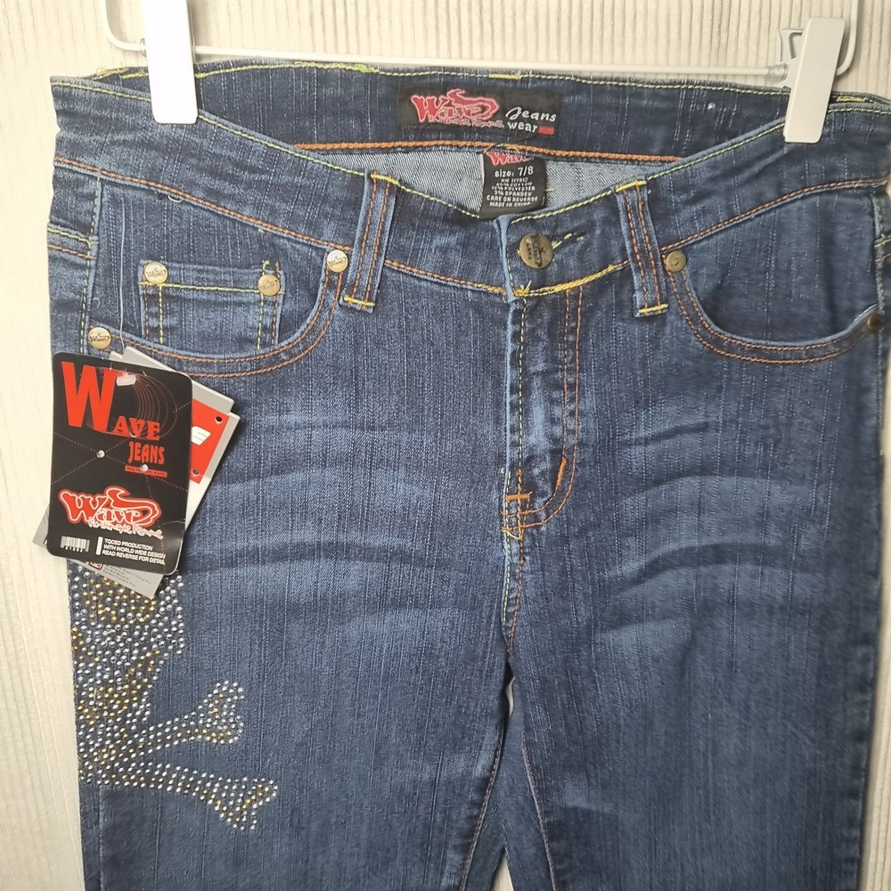 Y2k Vtg Wave Branded Jeans Bedazzled‎ Skull NWT Size 7/8